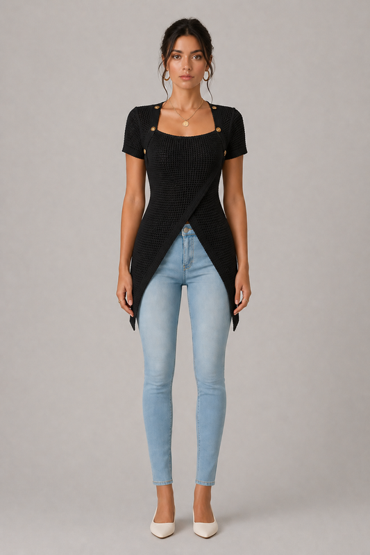 Waffle Button Trim Longline Slit Hem Top