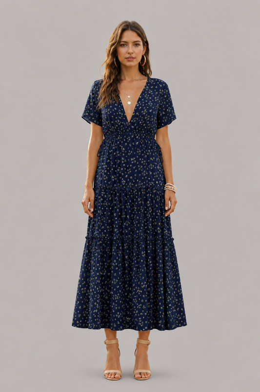 Floral Ruffled V-Neck Maxi Dress