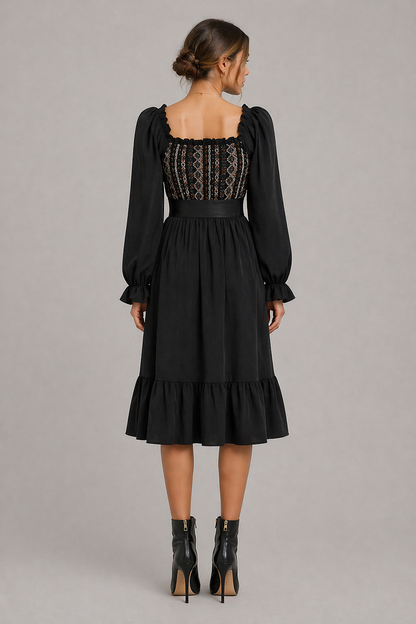 Square Neck Cinched Waist Midi Dress