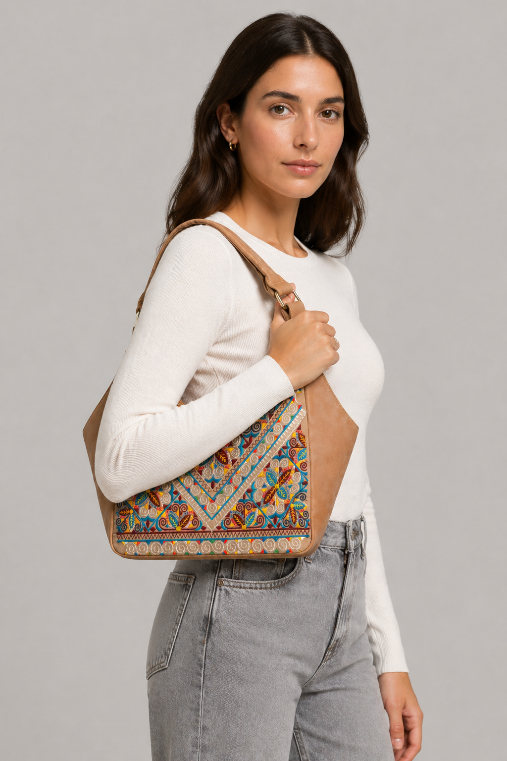 Embroidered PU Leather Handbag