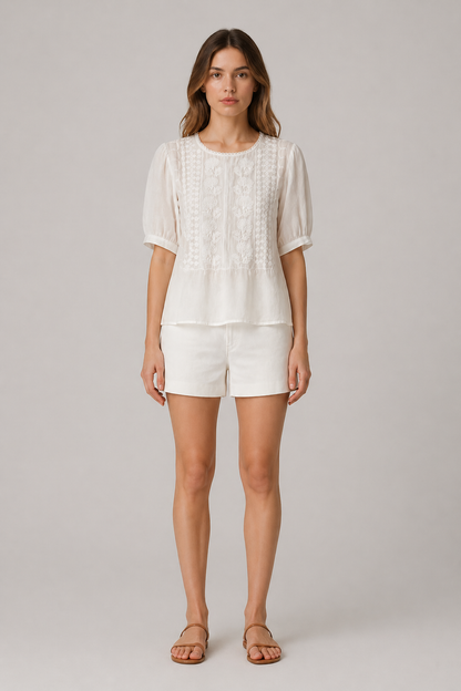 Embroidered Cotton Linen Puff Sleeve Top