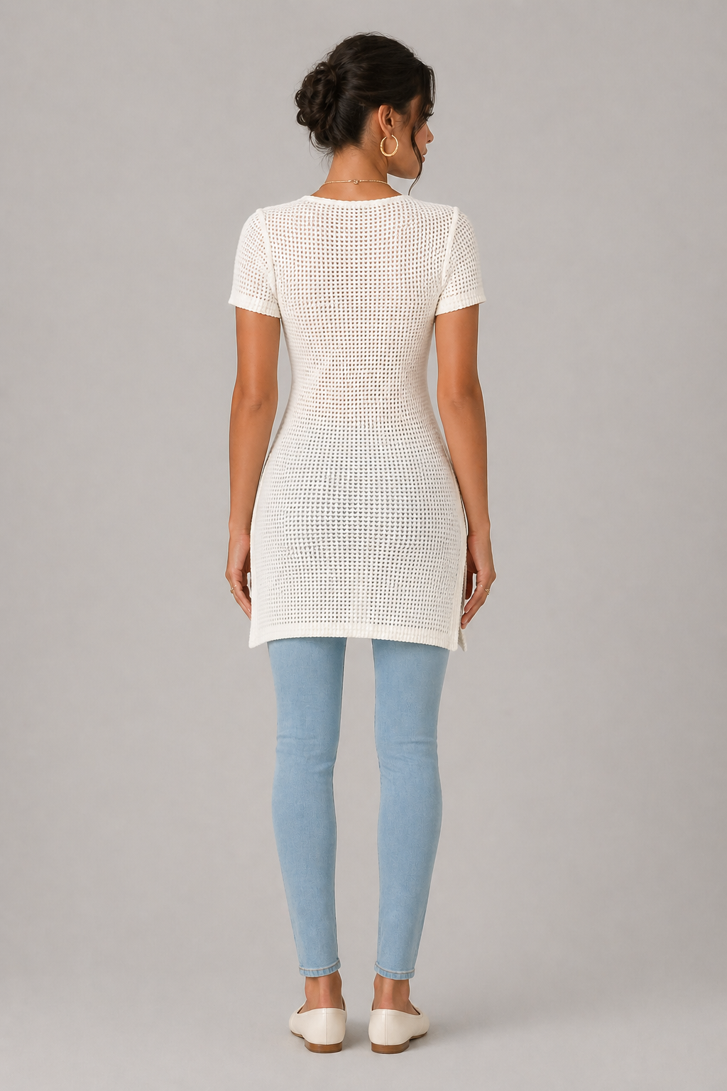 Waffle Button Trim Longline Slit Hem Top