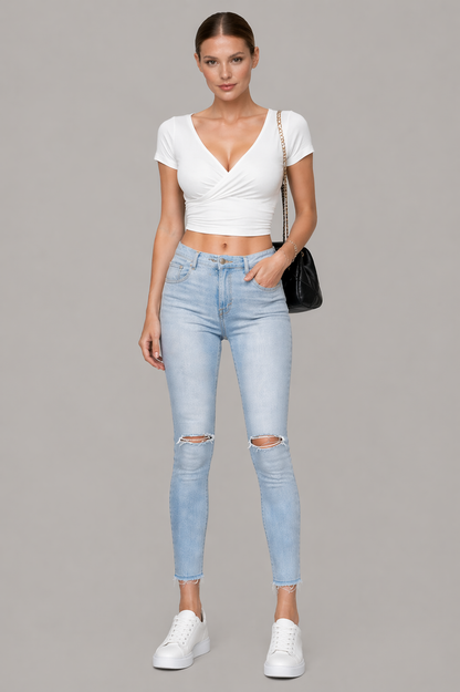 Stretch Cotton V-Neck Crop Top