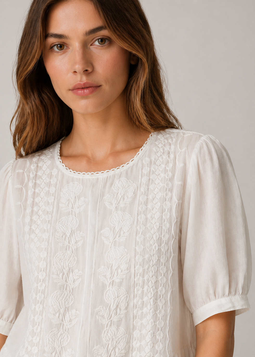 Embroidered Cotton Linen Puff Sleeve Top