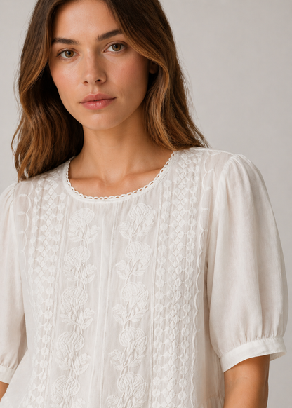 Embroidered Cotton Linen Puff Sleeve Top