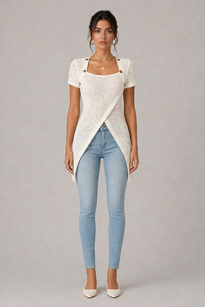 Waffle Button Trim Longline Slit Hem Top