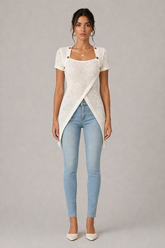 Waffle Button Trim Longline Slit Hem Top