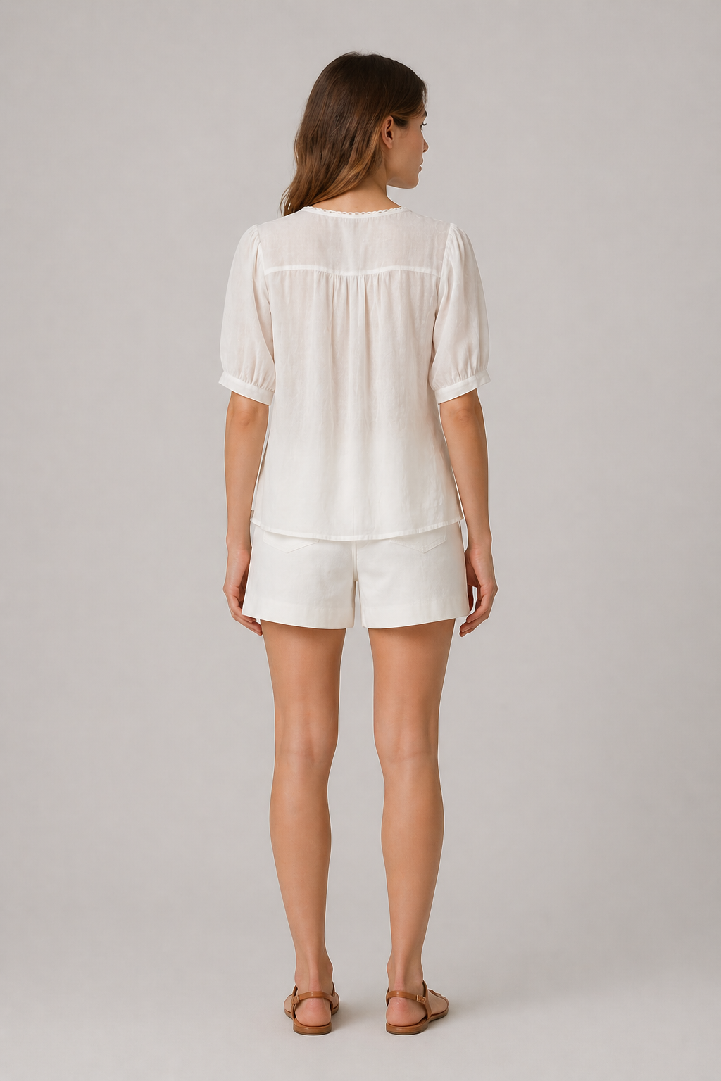 Embroidered Cotton Linen Puff Sleeve Top