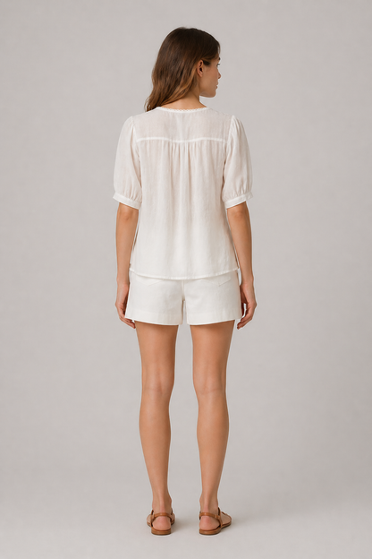 Embroidered Cotton Linen Puff Sleeve Top