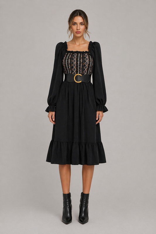 Square Neck Cinched Waist Midi Dress